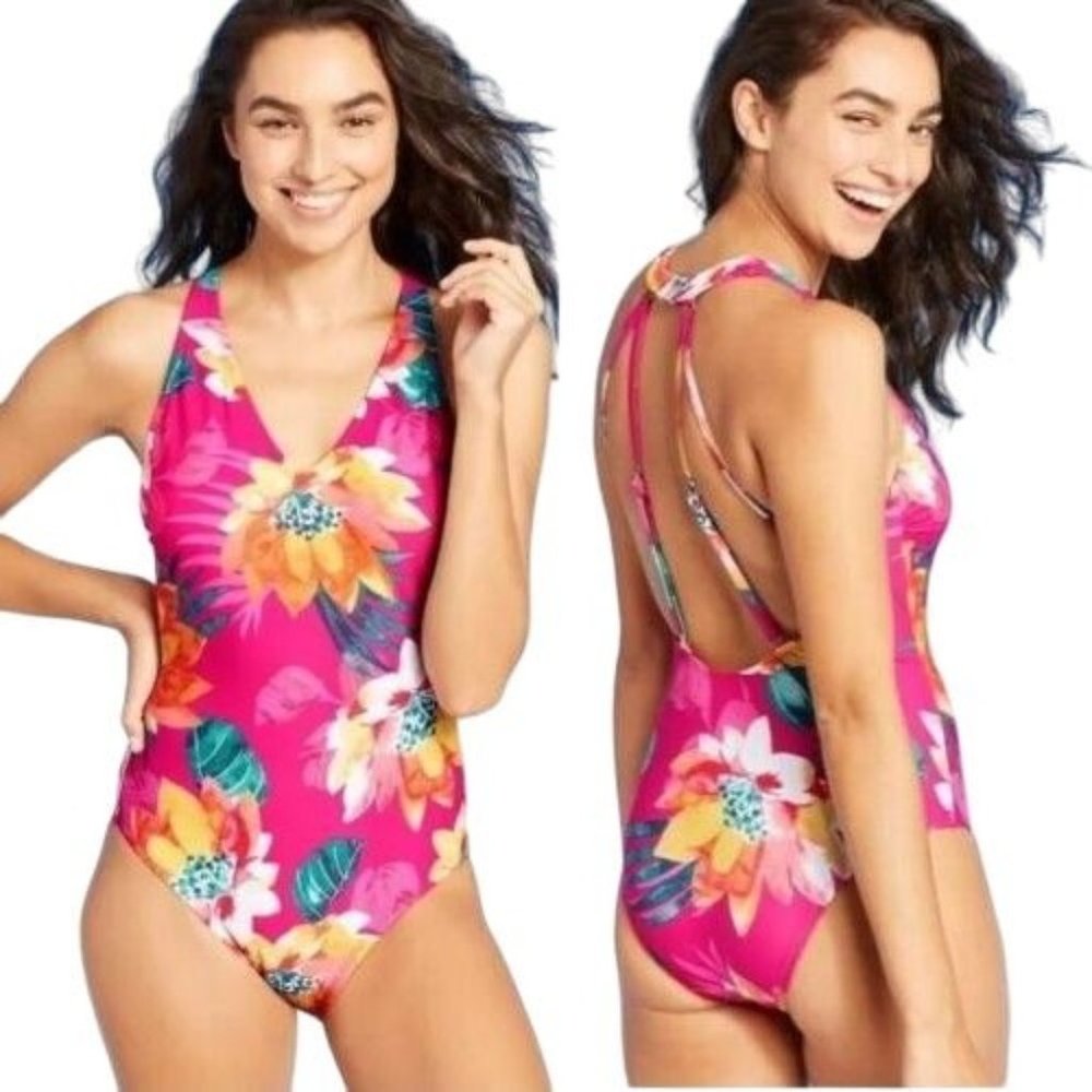 Kona Sol One Piece Swimsuit Size Small Womens Tropical Floral Pink V Neck